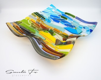 10.5” Square Fused Glass Dish Tray | Blues Greens Yellows browns | Southwest Colorful Wavy Textured Platter | Centerpiece | Display Art