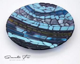 8” Fused Glass Bowl | Mosaic Turquoise Blue Purple Raised Glass Texture | Centerpiece | Serving Bowl | Southwest Glass Art