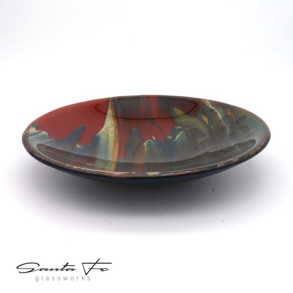 8.5” Round Fused Glass Bowl | Petrified Wood and Red | Table Decor Shelf Art | Southwest