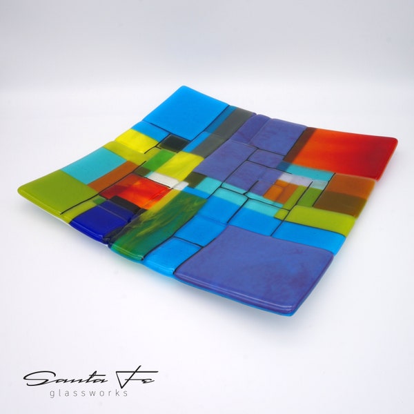 11” Square Fused Glass Plate | Multi Colored Textured | Table Decor Shelf Art | Large Serving Dish | Platter