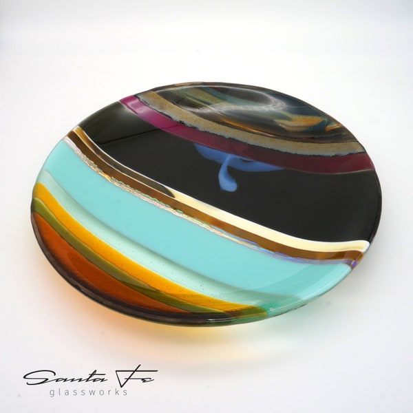 11” Round Tack Fused Glass Bowl | Turquoise Vanilla Wood Orange Yellow Green Purple Dichroic | Table Decor Shelf Art | Southwest Landscape