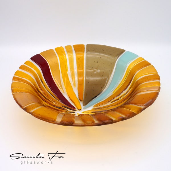 10” Round Fused Glass Bowl | Amber Yellows Gold Turquoise Red | Textured Serving Dish | Centerpiece | Shelf Display Art