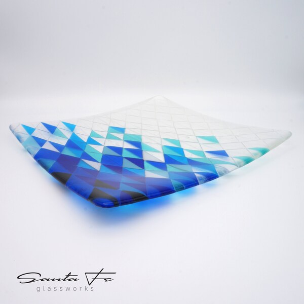 11” Square Fused Glass Dish | Shades of Blue and Clear Triangles | Table Decor Shelf Art | Large Plate