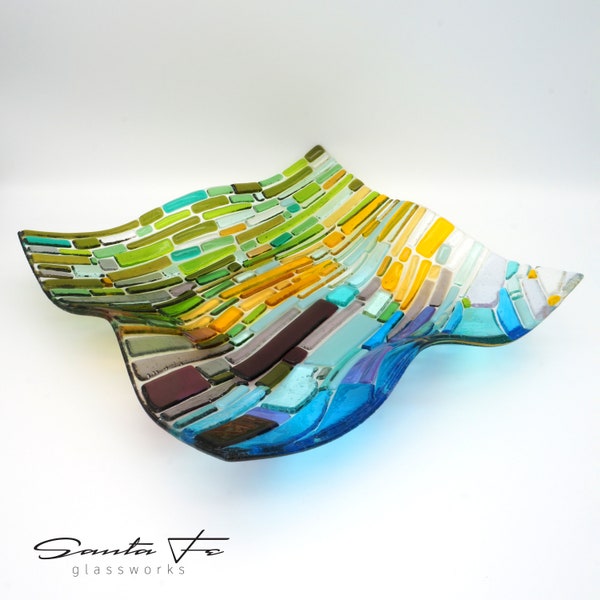 10.5” Square Fused Glass Dish | Greens Blues Yellows | Colorful Wavy Textured Platter | Centerpiece | Shelf Display Art