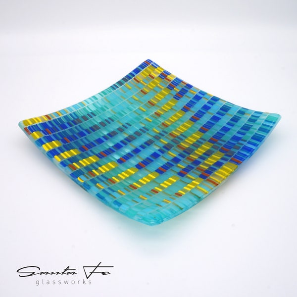 8” Square Tapestry Fused Glass Dish | Turquoise Blue Yellow Burnt Orange Green | Southwest | Table Decor Shelf Art | Serving Dish | Platter