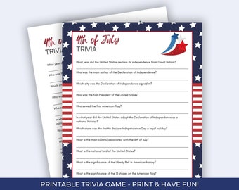 4. Juli Trivia, druckbare 4. Juli Party Spiele, 4. Juli Party Printables, Unabhängigkeitstag Spiele für Kinder, Vaterländische Spiele