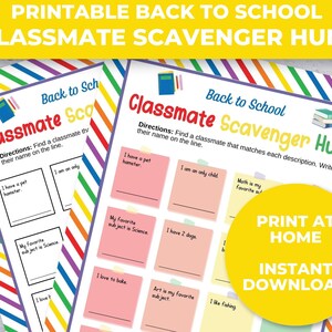 Back to School Printable Classroom Ice Breaker Game, Classroom Activity, Classmate Scavenger Hunt Game, Back to School Games for Students