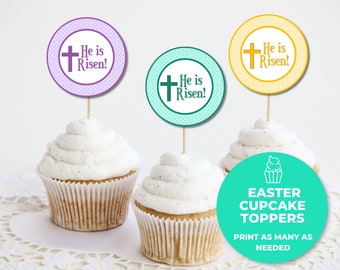 He is Risen Cupcake Toppers, Printable Cupcake Toppers, Easter Religious Printable, He Is Risen Cookie Tag
