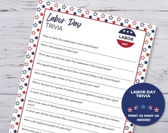 Labor Day Trivia, Printable Labor Day Party Games, Labor Day Games, Labor Day Printable Quiz, Patriotic Party Games Bundle