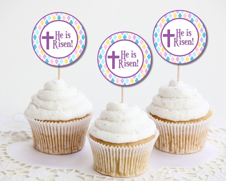 Printable Easter Cupcake Toppers He Is Risen, Easter Religious, Easter Cookie Tags image 7