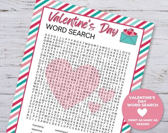 Valentine Word Search Printable, Valentine Printable Games for kids, Christmas Classroom Activity, Valentine Party Games Printable
