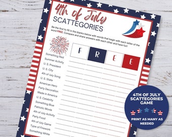 4th of July Scattegories, Printable 4th of July Party Games, 4th of July Party Printables, Independence Day Games For Kids, Patriotic Games
