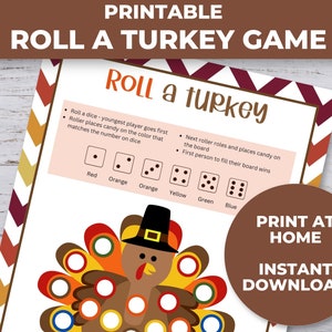 Roll A Turkey Dice Game, Roll A Turkey Printable Game, Thanksgiving Family Games, Thanksgiving Kids Activities