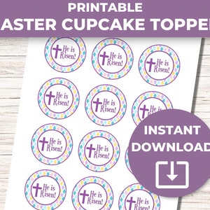 Printable Easter Cupcake Toppers He Is Risen, Easter Religious, Easter Cookie Tags image 4