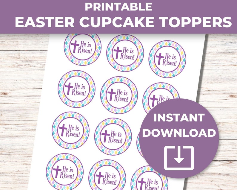 Printable Easter Cupcake Toppers He Is Risen, Easter Religious, Easter Cookie Tags image 4