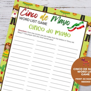 Cinco de Mayo Games, Printable Word Game, Word Puzzle Printables, Cinco de Mayo Worksheets, Fiesta Party Games, Classroom Activities