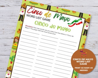 Cinco de Mayo Games, Printable Word Game, Word Puzzle Printables, Cinco de Mayo Worksheets, Fiesta Party Games, Classroom Activities