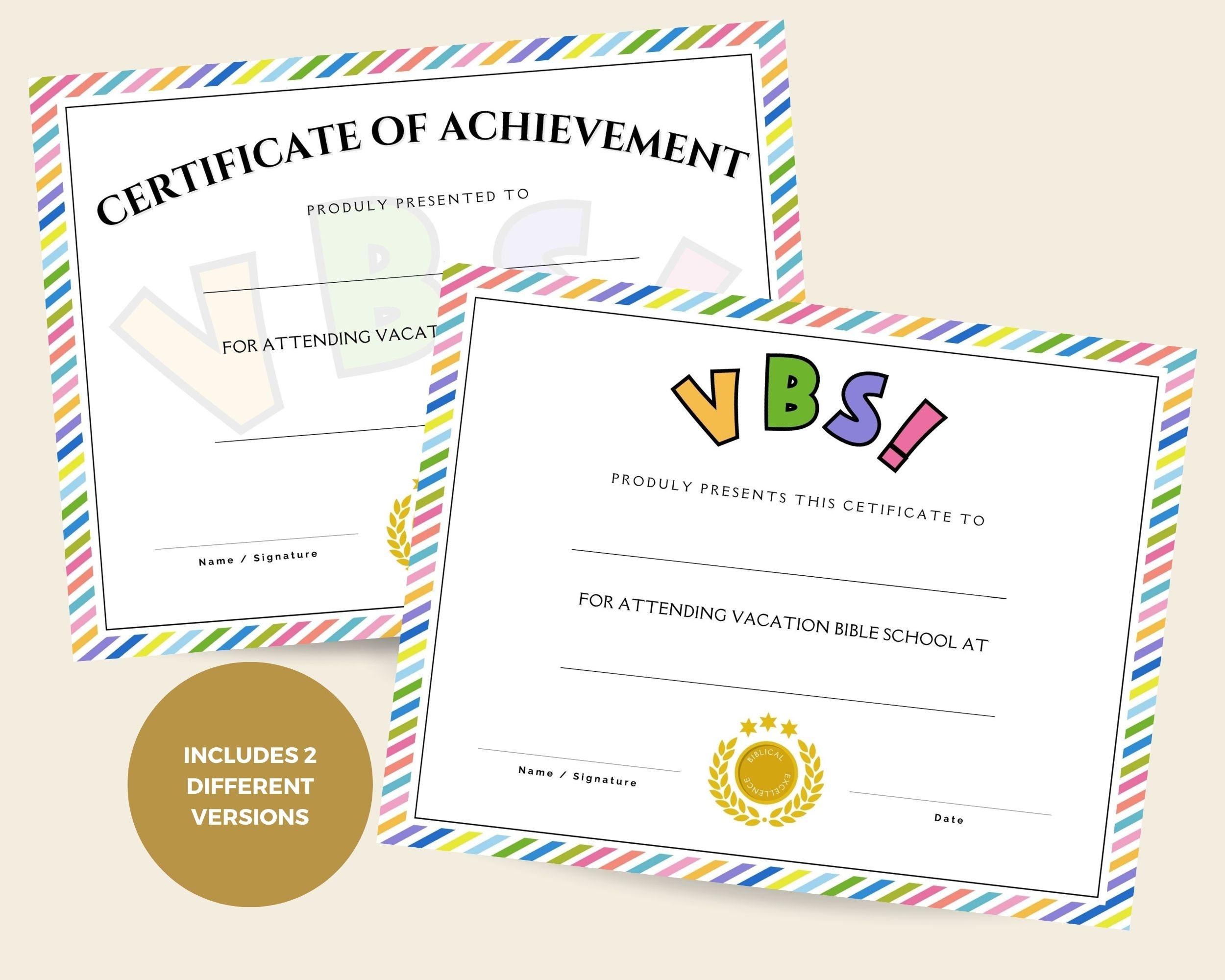 VBS Certificate of Completion, Vacation Bible School Certificate of Achievement, Bible School ...