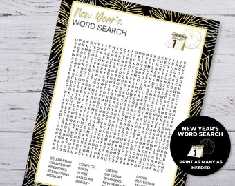 New Years Word Search, New Years Eve Party Games, Printable Word Search Game, New Year Party Games, New Years Printables