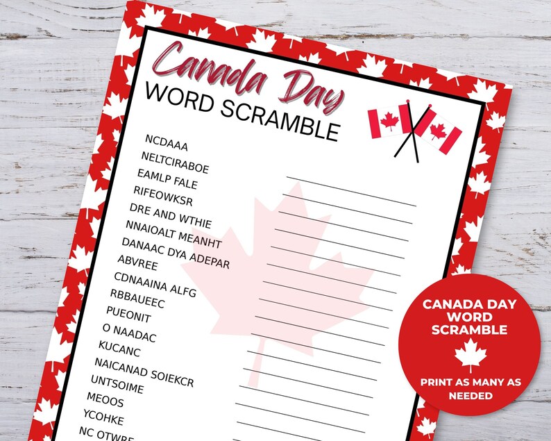 Canada Day Word Scramble, Canada Day Games, July 1st Games, Kids Summer Games, Canada Day Printables, Happy Canada Day Printable Games image 1