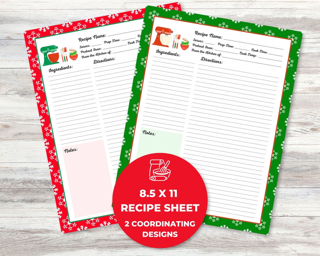 8.5x11 Printable Recipe Sheets for Holiday Recipe, Christmas Recipe ...