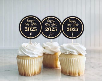Happy New Year 2025 Cupcake Toppers Printable, New Years Eve Cupcake Toppers, Black and Gold Cupcake Picks, DIY Cupcake Decorations