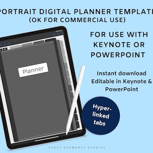 May include: A digital planner template for Keynote or PowerPoint. The template is displayed on a tablet with a stylus. The template has a gray cover with the word "Planner" in white text. The template has hyperlinked tabs.