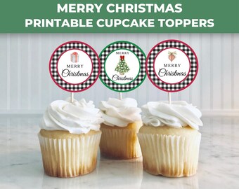 Cupcake Toppers Christmas, Round Cupcake Toppers, Christmas Printable Party Décor, Christmas Cookie Tags, Merry Christmas Tags