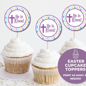 Printable Easter Cupcake Toppers - He Is Risen!, Easter Religious, Easter Cookie Tags