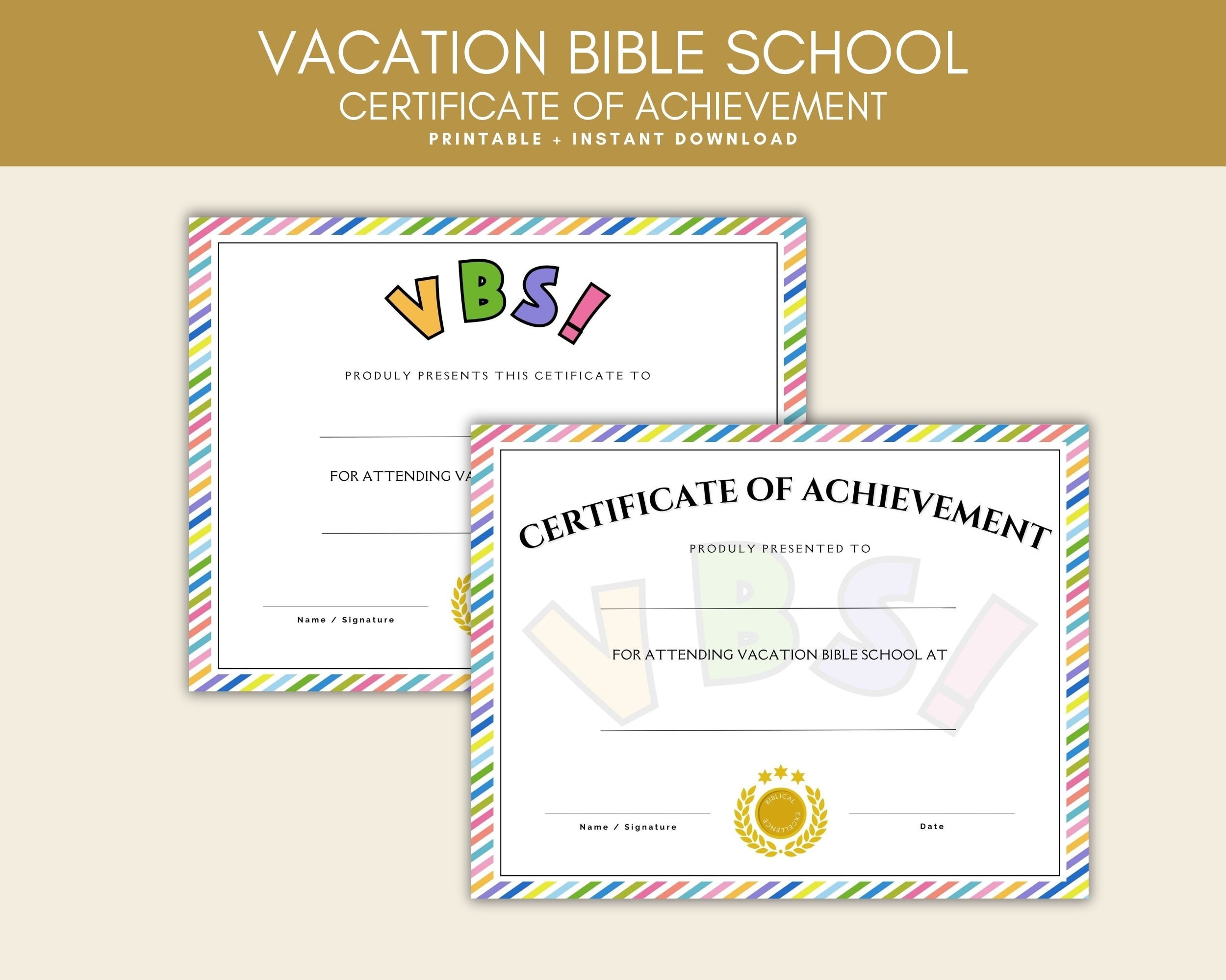 VBS Certificate of Completion, Vacation Bible School Certificate of Achievement, Bible School ...