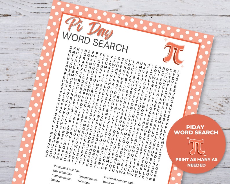 Pi Day Word Search Printable, Pi Day Activities for Kids Printable, Pi Day Party, Kids Worksheets, Pi Day Games for Kids, Classroom Activity image 1