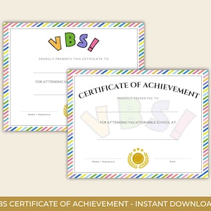 VBS Certificate of Completion, Vacation Bible School Certificate of Achievement, Bible School Certificate