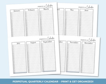 Calendario perpetuo imprimible, calendario sin fecha imprimible, año de un vistazo imprimible, calendario de cualquier año, inserción del planificador de descripción general anual