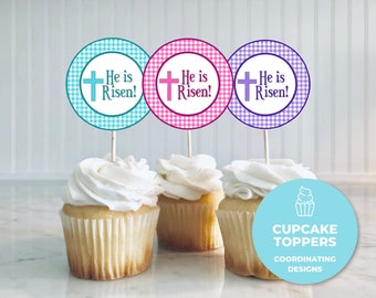 Printable Easter Cupcake Toppers - He Is Risen!, Easter Religious, Easter Cookie Tags, Spring Gingham