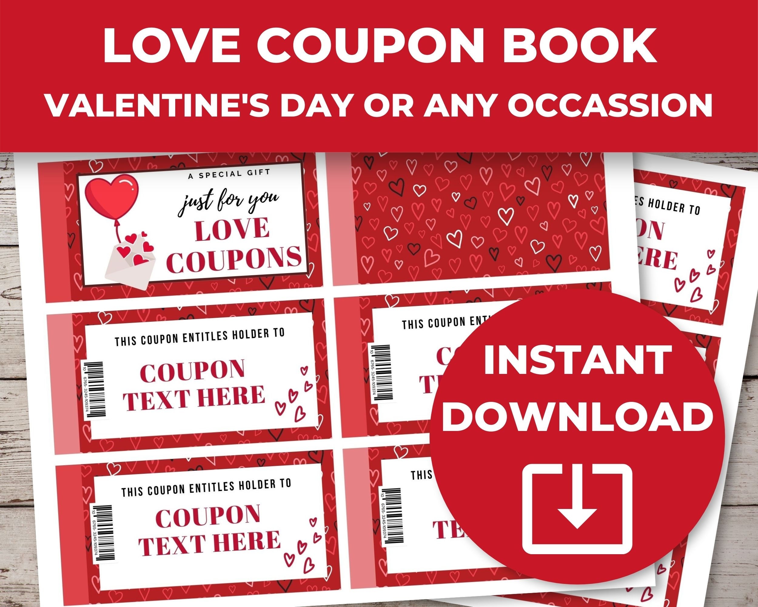 EDITABLE Printable Love Coupons Red Hearts, Gift for Him, Gift for Her ...