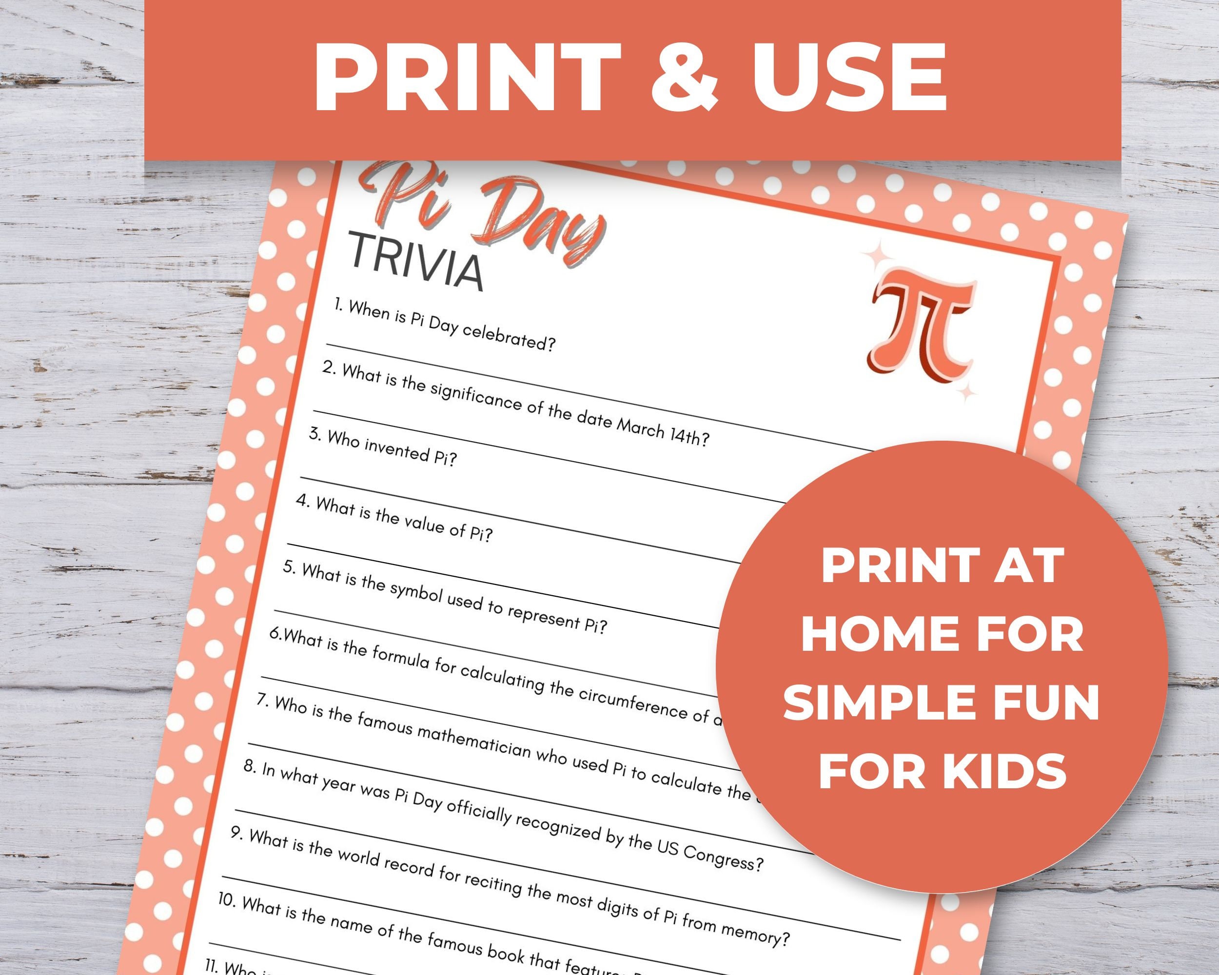 Pi Day Trivia Pi Day Activities for Kids Printable Pi Day Etsy