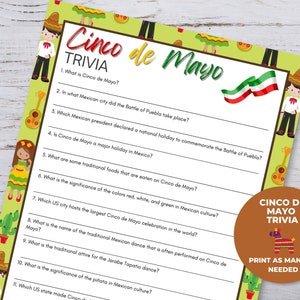 Cinco de Mayo Trivia, Cinco de Mayo Games for Kids, Earth Day Activity, Cinco de Mayo Printables, Mexican Party Games,
