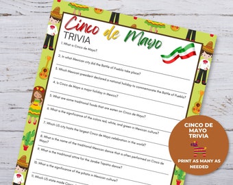 Cinco de Mayo Trivia, Cinco de Mayo Games for Kids, Earth Day Activity, Cinco de Mayo Printables, Mexican Party Games,