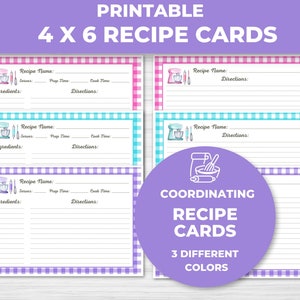 Tarjetas de recetas imprimibles 4x6, plantilla de tarjeta de recetas, regalo para amantes de la cocina, colores primaverales con patrón Gingham