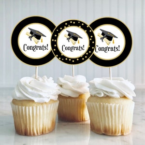 Graduation Printable Cupcake Toppers, Graduation Printable Cookie Tag, Graduation Favor Tags, Graduation Favor Stickers, Black and Gold Grad