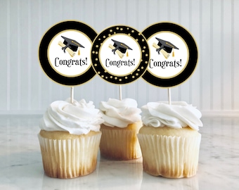 Graduation Printable Cupcake Toppers, Graduation Printable Cookie Tag, Graduation Favor Tags, Graduation Favor Stickers, Black and Gold Grad