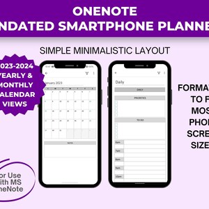 Può includere: Un planner digitale viola e bianco per Microsoft OneNote con un layout semplice e minimalista. Il planner include una vista del calendario annuale e mensile, nonché una vista giornaliera con sezioni per le priorità e le attività da svolgere. Il planner è formattato per adattarsi alla maggior parte delle dimensioni dello schermo del telefono.