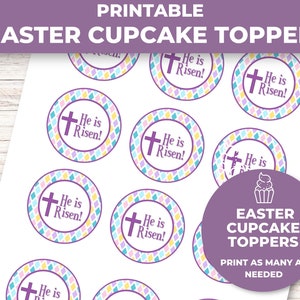 Printable Easter Cupcake Toppers He Is Risen, Easter Religious, Easter Cookie Tags image 2
