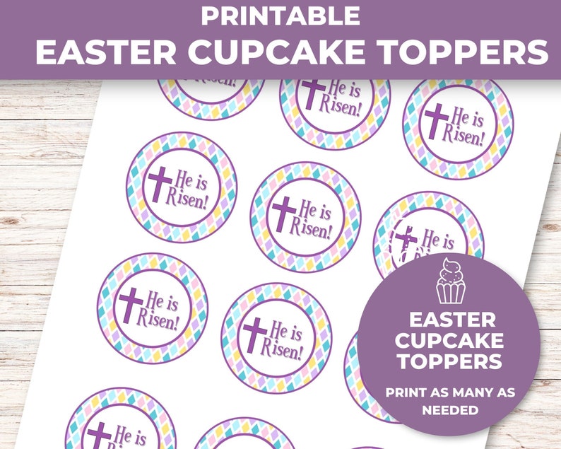 Printable Easter Cupcake Toppers He Is Risen, Easter Religious, Easter Cookie Tags image 2