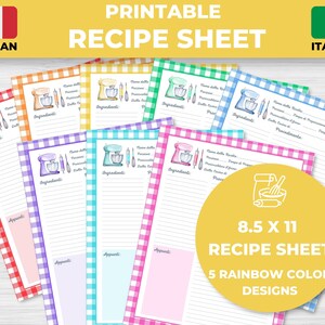 Hojas de recetas italianas imprimibles - Coordinando ROYGB y colores primaverales - Gingham