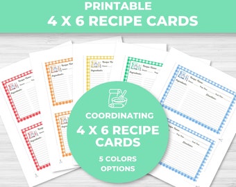May include: Printable 4x6 recipe cards in five colors: red, orange, yellow, green, and blue. Each card has a gingham pattern and a small illustration of a kitchen mixer.