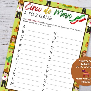 Cinco de Mayo A to Z Game, Printable Cinco de Mayo Games for Kids, Classroom Activity, Fiesta Party Games, Homeschool Activities