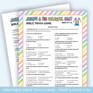 Joseph Mantel vieler Farben Bibel druckbares Trivia-Spiel für Kinder, Aktivitäten in der Bibelgeschichte, Aktivitätsblatt für Kirche, Bibel-Trivia-Spiel zum Ausdrucken