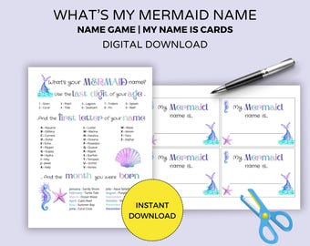 What's Your Mermaid Name, Mermaid Baby Shower Games, Mermaid Birthday, Mermaid Party Game, Activities for Kids, Girl Name Party