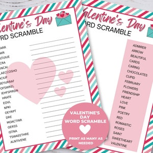 Valentine Word Scramble, Printable Valentine Party Game for Kids, Valentine Classroom Activity, Valentine Activity for kids